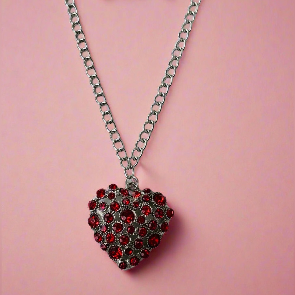 Heart Red Stone Necklace Set -Sliver - Picture 2 of 2